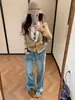 Cardigan de Tricô de Lã Leathecat para Mulheres, Estilo Old Money de Outono, Suéter Top Falso Duas Peças com Patchwork de Linho Gola Alta