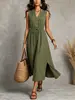 Vestido de verão sem mangas com decote V, feito sob medida para mulheres, em algodão e linho, com cintura de cordão, bolsos grandes, fendas laterais e comprimento médio para um visual elegante.