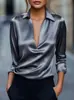 2026 Ropa para Mujer Satén Cuello Profundo en V Cuello Drapeado Manga Larga Solapa Temperamento Commuting Top para Mujer Suministro de Comercio Exterior