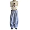 Pantalones de pierna ancha plisados de línea A a rayas azul claro estilo americano para hombre, holgados y versátiles para el uso casual diario, pantalones de corte limpio