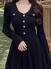 Vestido de Punto Negro de Manga Larga con Cuello en V Estilo Hepburn Francés para Mujer, Elegante y Femenino, Aspecto Adelgazante en la Cintura, Falda de Corte A de Alta Gama