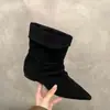 Encuentro de Primera Temporada 2026 Otoño Nuevas Botas Coreanas de Punta Fina Fruncidas para Mujer Gamuza Tacón Medio Adelgazantes Versátiles Botas de Moda Tobilleras Cortas
