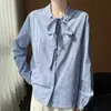 Blusa Clásica de Cinta Rayada para Mujer Cuello en V con Cordones Adelgazante Caída Transpirable Primavera Verano Viaje de Negocios Temperamento Suave Manga Larga