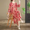 Vestido Longo Estampado Estilo Artístico Novo Primavera e Outono, Gola Redonda, Tamanho Grande Feminino, Algodão Puro, Vestido Longo