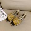 Verão Strass Moda Salto Alto prata Roupa Exterior Sandálias Slide de Paetês com Salto Grosso