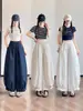 Foto Real de Pantalones de Globo Linterna, Pantalones de Pierna Ancha para Mujer, Nuevos Pantalones Azul Marino de Cintura Alta, Pantalones Cropped Estilizadores para Mujer Petite con Diseño de Capullo de Flor