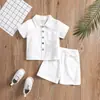 Comércio exterior para estilo casual de verão em algodão e linho, camisa polo de manga curta com lapela, cor sólida, roupas masculinas e infantis, conjunto de duas peças de verão