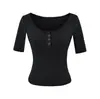 Camiseta Sexy Caliente de Manga Media con Botones y Cuello en U Grande para Mujer, Estilo Francés Ajustada, Diseño Adelgazante, Pura y Atractiva, Hermoso Top Corto