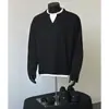 Suéter Waffled Falso de Dos Piezas Hecho en Europa para Hombre, Camiseta de Manga Larga Holgada con Cuello en V, Diseño de Cuello de Doble Capa, Camisa Base con Sentido del Diseño