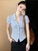 Camisa a Rayas Estilo Academia con Mangas Abullonadas para Mujer, Verano Chic Nicho con Cuello Polo, Top de Diseño Delgado que Ceñe la Cintura