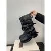 Botas de Cano Médio com Solado Grosso Vintage Botas Ocidentais de Cowboy Enrugadas Outono 2025 Novas Botas de Equitação Botas Martin para Mulheres