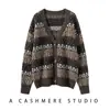 Outono e Inverno Novo Top Listrado em Cores Contrastantes Look Solto Emagrecedor Estilo Preguiçoso Roupa Externa Feminina Cardigan de Tricô de Caxemira Gola V