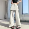 Algodón lavado con diseño estilo americano y detalle en el panel trasero, pantalones de pierna ancha para mujer, efecto dos piezas, pantalones casuales adelgazantes y ligeramente acampanados