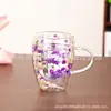 Nueva taza de vidrio con flores secas incorporadas, taza de vidrio de borosilicato alto con taza para bebidas, taza aislada de doble capa