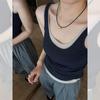 Xizang Azul Decote Grande Decote U Falso Duas Peças Camisola Pequena Roupa de Verão Feminina Top Tricotado Curto Sem Mangas