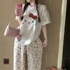 Pantalones Casuales de Dormir para Mujer Estilo Coreano Gato Kt Estilo Ins, Pantalones Rectos Casuales de Algodón Nube de Verano, Adecuados para Usar Afuera