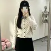 Cardigã de malha com blocos de cor e poá retrô transfronteiriço, look casual e estiloso, novo suéter versátil de outono e inverno para afinar o corpo feminino
