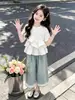 Conjunto de Dos Piezas para Niña Estilo Princesa Verano con Blusa con Volantes y Pantalones de Pierna Ancha 2026 Nuevo Elegante Moderno Conjunto Delgado