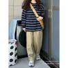 Camisa de manga larga a rayas retro americana para mujer, diseño holgado, estilo de nicho, top básico de manga larga para primavera y otoño