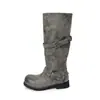 Fivela de cinto da moda no mesmo estilo de blogueira botas de cavaleiro empilhadas Outono/Inverno 2026 salto médio grosso bico redondo couro de vaca cano alto botas longas femininas