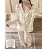 Conjunto de pijama para mujer de manga larga y pantalón largo, de algodón suave tipo anti-bolitas, se puede usar afuera como ropa casual para estar en casa. (Oro