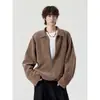 Moletom jaqueta casual versátil moderno estilo coreano com textura, decote V, retalhos, falso duas peças para homens no outono