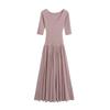 Vestido Estilo Ballet Cuello en U Profundo Manga Media para Mujer Verano 2025 Elegante Favorecedor Parche Cintura Plisada Falda Larga