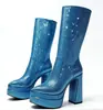 Botas Europeias e Americanas para Comércio Exterior Bico Fino Camada Dupla Impermeáveis Plataforma Salto Grosso Meio da Panturrilha Botas de Performance Show Moda Mangas Botas para Panturrilha Femininas