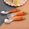 Talheres Criativos Infantis Colher Garfo Coelhinho Cenoura Pré-escola Bebê Aço Inoxidável Colher de Comer Garfo