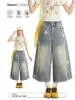 Calça Jeans Wide Leg Estampada de Estrela Retro Americana Transfronteiriça para Homens, Novo Estilo de Verão, Lavada e Desgastada, Calça Cropped de Caimento Solto