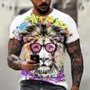 Camiseta de león para hombre, moda, estampado 3D, patrón animal, manga corta, cuello redondo, ropa para hombre, top combinable para primavera y verano