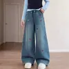 Pantalones de Mezclilla Anchos Bordados con Estrellas para Niñas, Estilo Primavera y Otoño, Pantalones Rectos Sueltos de Moda Coreana para Niños Mayores