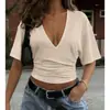 2025 Novo Top Cropped Curto de Manga Curta com Decote em V Estilo Europeu e Americano para Mulheres, Cor Sólida, Caimento Ajustado, Valoriza a Silhueta, Estilo Hot Girl
