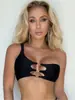 Top de Biquíni One-Shoulder Estilo Europeu e Americano com Fivela de Metal Vazado para Sessões de Fotos, Emagrecimento e Valorização