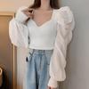 Ropa de Punto con Cuello en V para Mujer 2024 Primavera y Otoño Nuevo Diseño de Camiseta Básica Ajustada de Manga Corta Abullonada de Manga Larga