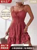 Vestido Mini Texturizado Fruncido con Tirantes Finos, Cuello Cuadrado con Cordón, Cintura Elástica, Volantes, Vestido de Vacaciones, Hecho a Medida Transfronterizo