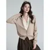Cardigan de Punto para Mujer Yin He Color Avena Diseño Falso de Dos Piezas Cuello en V Manga Larga Suéter de Primavera y Otoño Top Bloque de Color