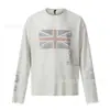 Camiseta de manga larga retro americana con estampado Union Jack, bordes desgastados, estampados de letras y retratos, corte holgado, marca de moda