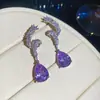 Brincos de Flor Zircônia Roxa de Luxo para Banquete, Brincos Exquisitos Elegantes e Modernos Estilo Palaciano, Brincos de Luxo Leve e de Alta Qualidade