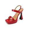 Zapatos de tacón alto de una sola tira, sandalias rojas impermeables con plataforma y suela gruesa para mujer, verano, cuero genuino, moda simple, puntera abierta, tacón grueso, zapatos de mujer