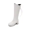 2023 nova bota de couro feminina com bico redondo e renda nas costas, zíper lateral, bota alta estilo Cavaleiro com salto, sapatos femininos 30-50 botas de comércio exterior