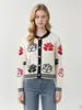 Cárdigan de Punto Jacquard con Rosas para Otoño e Invierno, Estilo Nuevo, Versátil, Color de Contraste, Chaqueta Suéter de Cuello Redondo