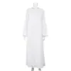 Moda Femenina Transfronteriza 2026 Vestido Sencillo y de Alta Gama de Satén Estilo Casual Cuello Redondo Manga Larga Abertura Vestido Largo