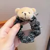 Elástico de cabelo de pelúcia de urso de desenho animado para menina, elástico de tecido xadrez vintage, doce acessório de cabelo para meninas