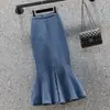 Falda de Mezclilla con Volantes para Mujer Estilo Coreano Otoño e Invierno Cintura Alta Adelgazante Elástica Ajustada Dividida Cadera Cola de Pez Longitud Media