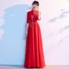 Ropa de Rendimiento Coral con Cuello Alto, Elegante Falda Larga Femenina Estilo Chino, Vestido Chino de Noche para Director