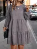 Comercio exterior estilo perezoso europeo y americano pana talla grande falda corta cuello redondo plisada manga larga empalme en capas ajustada versátil