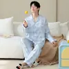 Algodão PuroPijama Masculino de Manga Longa com Gola Reversível, Conjunto de Pijama Listrado Outono para Jovens com Desenho Animado, Corte Amplo