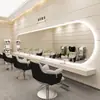 Estación de Espejo de Peluquería de Moda con Espejo Colgante Grande e Iluminación para Peluquería, Coloración y Corte