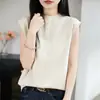 Cardigã sem mangas em malha de algodão mercerizado estilo francês, com gola redonda e bordas enroladas, novo design de botões, top simples e fashion estilo coreano